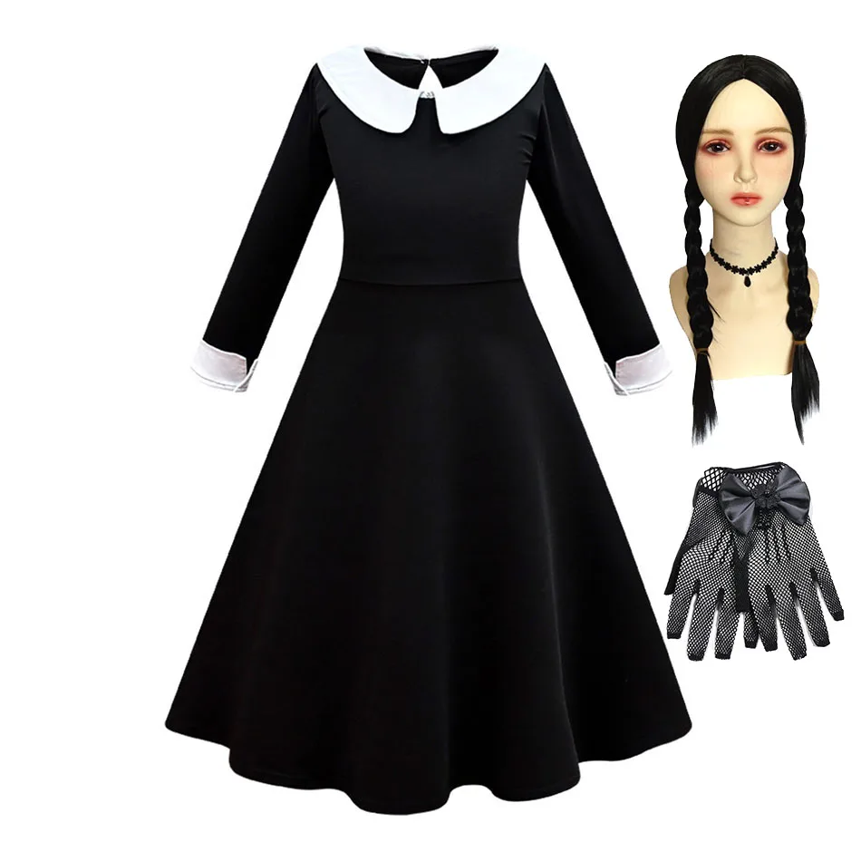 

Girls Wednesday Dress Children Black White School Outfit Kids Role Play Halloween Swing Flared Clothes Addams Cosplay Costume