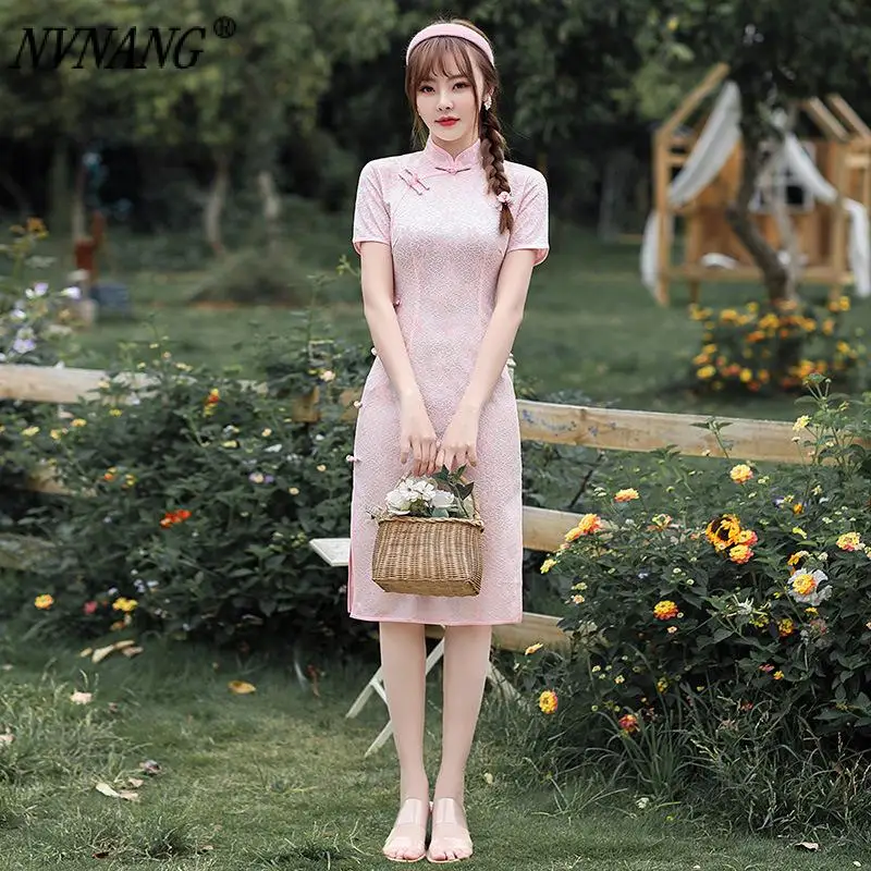 

Nvnang Chinese Cheongsam Medium Length Single-Layer Lace Cheongsam 2022 New Improved Retro Fresh Girls' Chinese Style Slim Dress