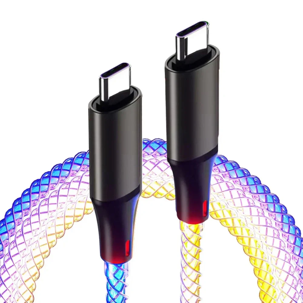 Фото Кабель USB-C для быстрой зарядки 6A 66W с RGB-подсветкой и градиентным эффектом, двойной Type-C, для быстрой зарядки и передачи данных №1