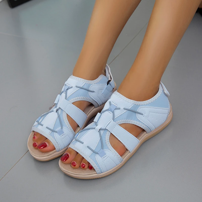 

2022 Summer Women Sandalias Sport Sandals Round Toe Flat Casual Shoes Trend Women Velcro Solid Color Plus Size Light Slippers
