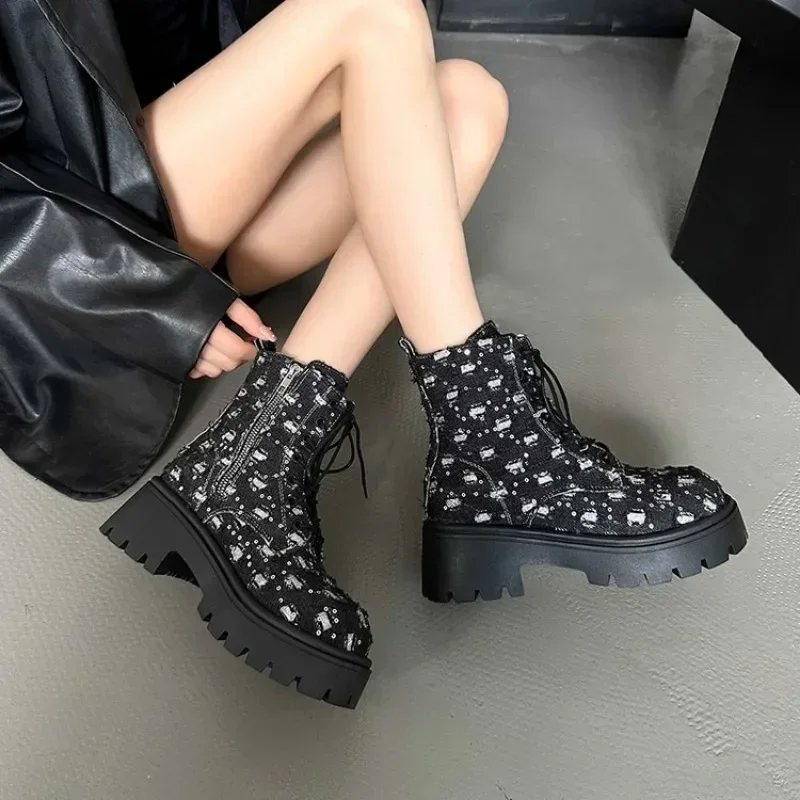Hot Selling New Women's Boots Lace-up High Heel Shoes for Women Round Toe Square Modern Outdoor Dress Platform