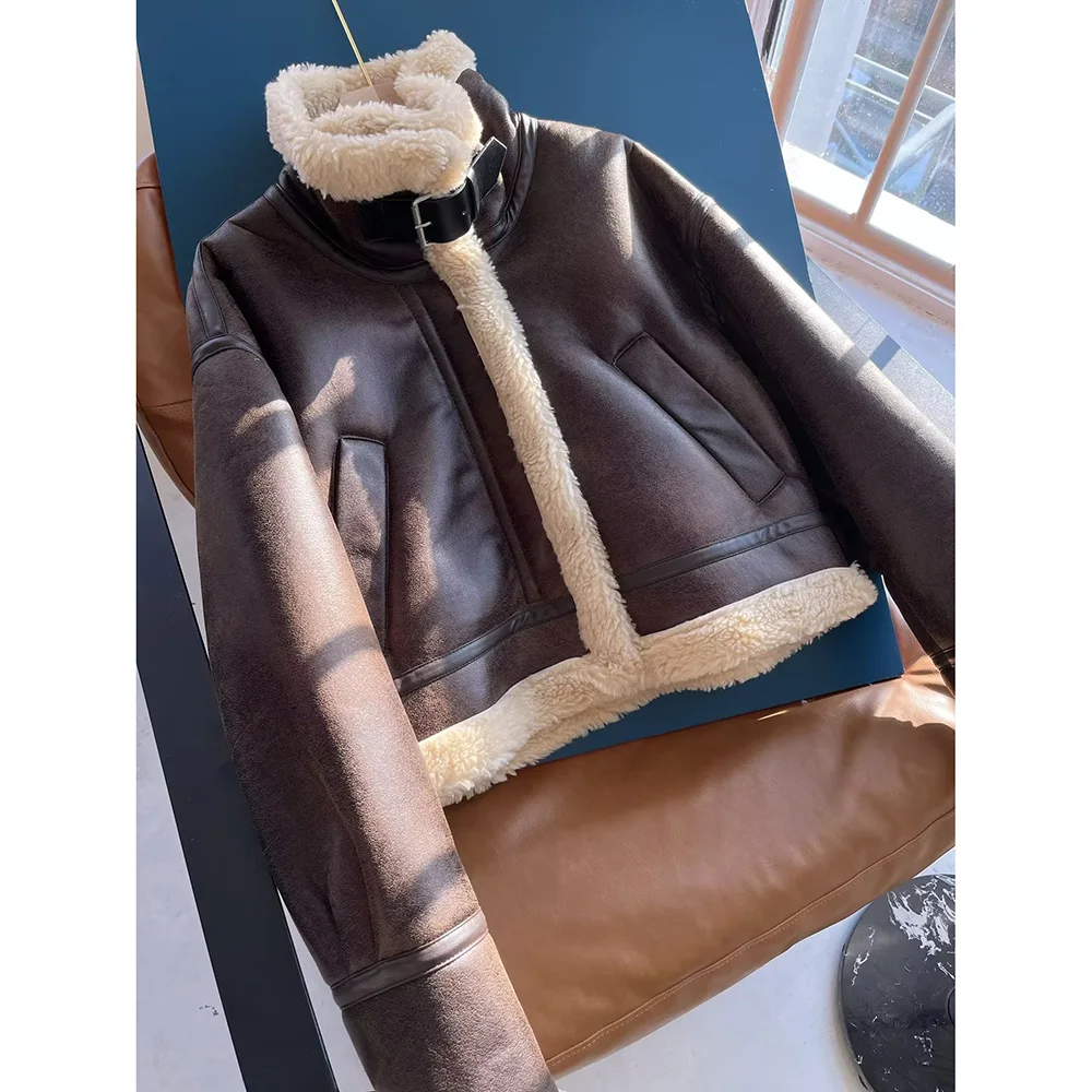 

PB&ZA Winter Jacket Women Faux Leather Coat Brown Suede Motorcycle Warm Outwear Thick Elegant Zipper Female Clothing 4341719