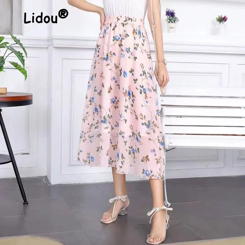 

High Waisted Chiffon Half Length Skirt Summer Versatile Span Show Thin Floral Cover Buttocks Large Swing Skirt A-line Female