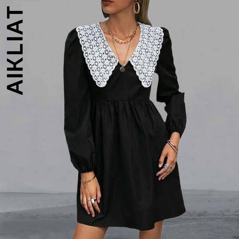 

Модное женское платье Aikliat, мягкое кружевное мини-платье с пышными рукавами и V-образным вырезом, популярное женское платье, женская одежда
