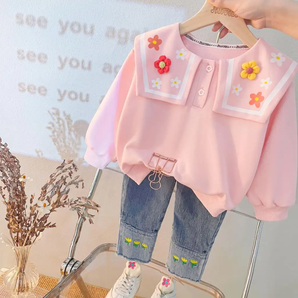 

Милая Одежда для девочек, дизайнерская Осенняя детская одежда с цветочным орнаментом и вышитыми цветами на брюках, одежда для малышей