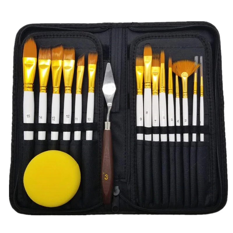

15PCS Oil Paint Brush Cloth Bag Art Painting Nylon Hair Gouache Acrylic Oil Paint Brush Set DIY Painting Set