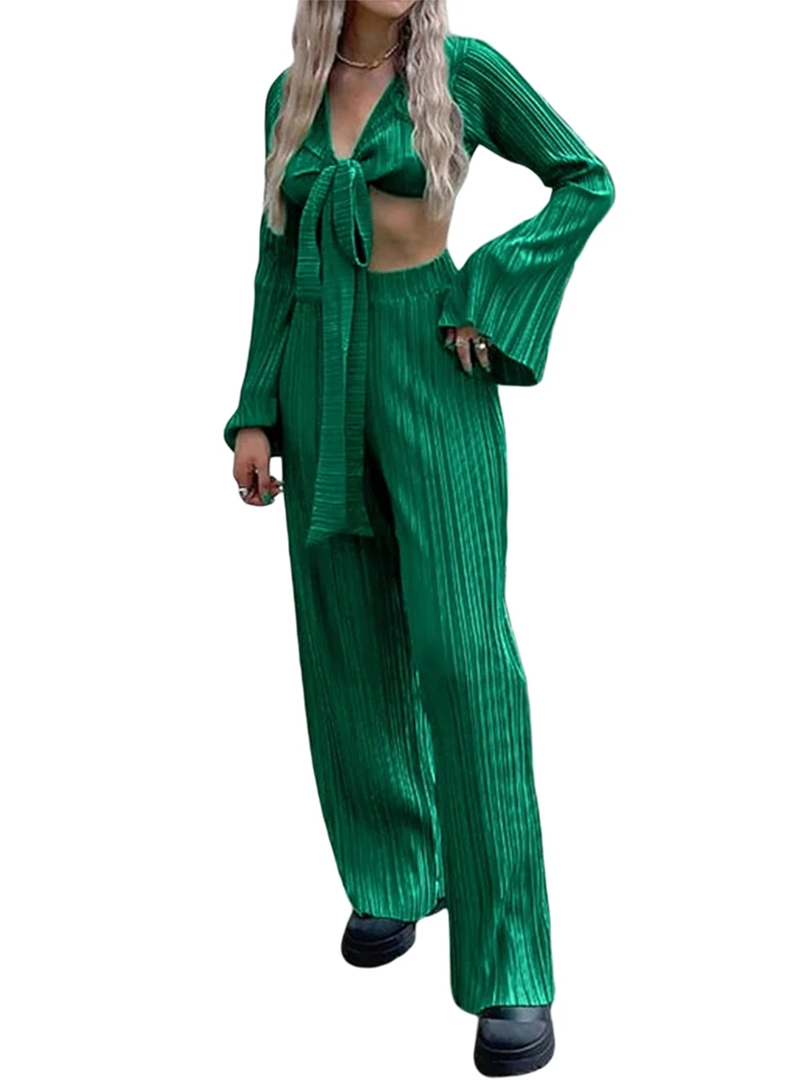 

Blouse Pants Set for Women Deep V Neck Tie Front Crop Tops and Loose Trousers y2k Clothes Set