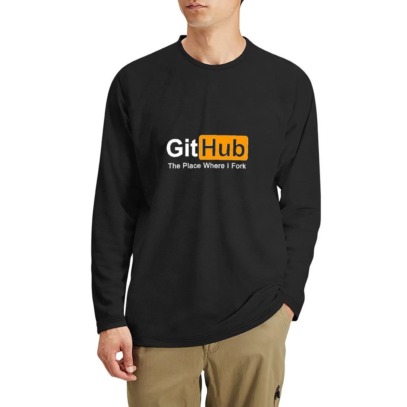 Фото Длинная футболка Github The Place Where I Fork для программирования, черная футболка, футболки, эстетичная одежда, одежда в стиле аниме, мужская одежда №4