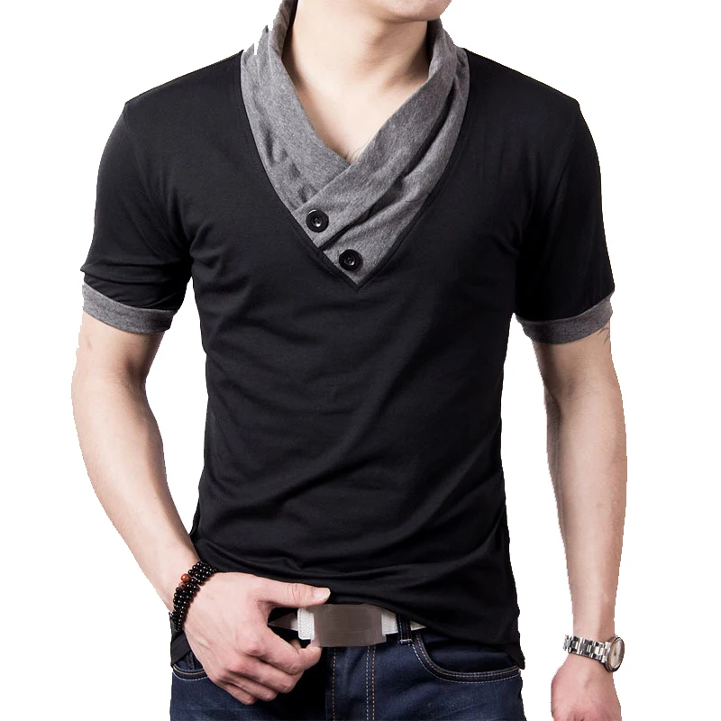 

B9263 Slim Short Sleeve Patchwork V Neck Cotton Black T Shirt Men Button Tops & Tees