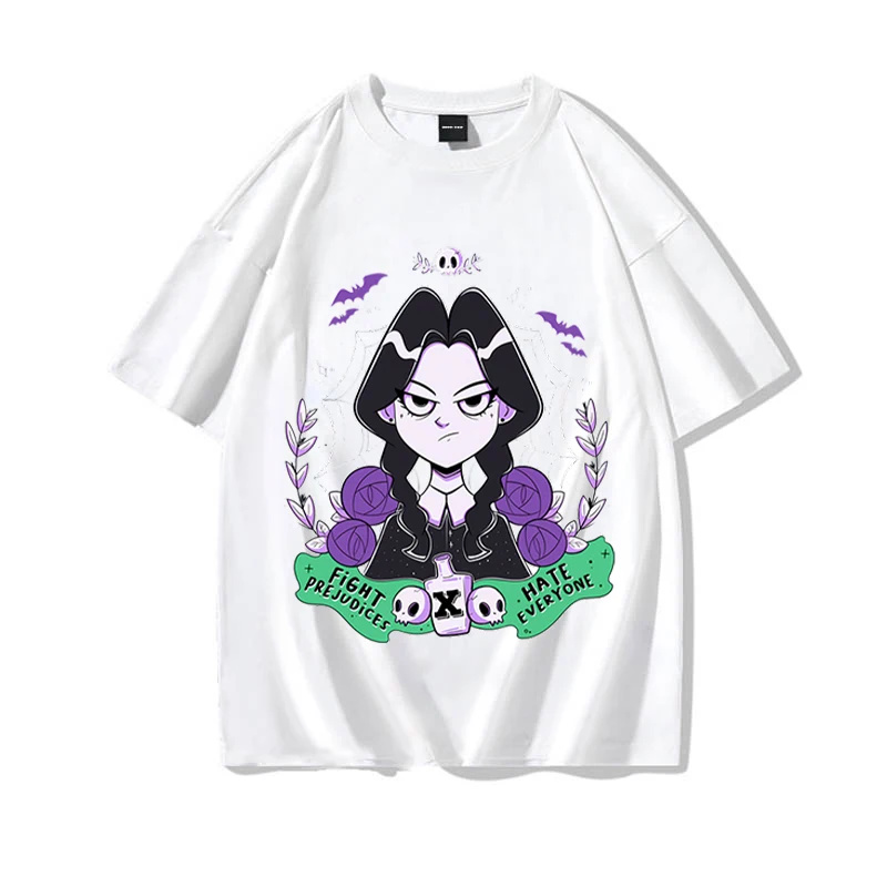 

Summer T-Shirts Wednesday Print Retro Unisex Tops Fight Prejudices Men's Clothing Harajuku Short Sleeve T-Shirts New Cartoon Tee