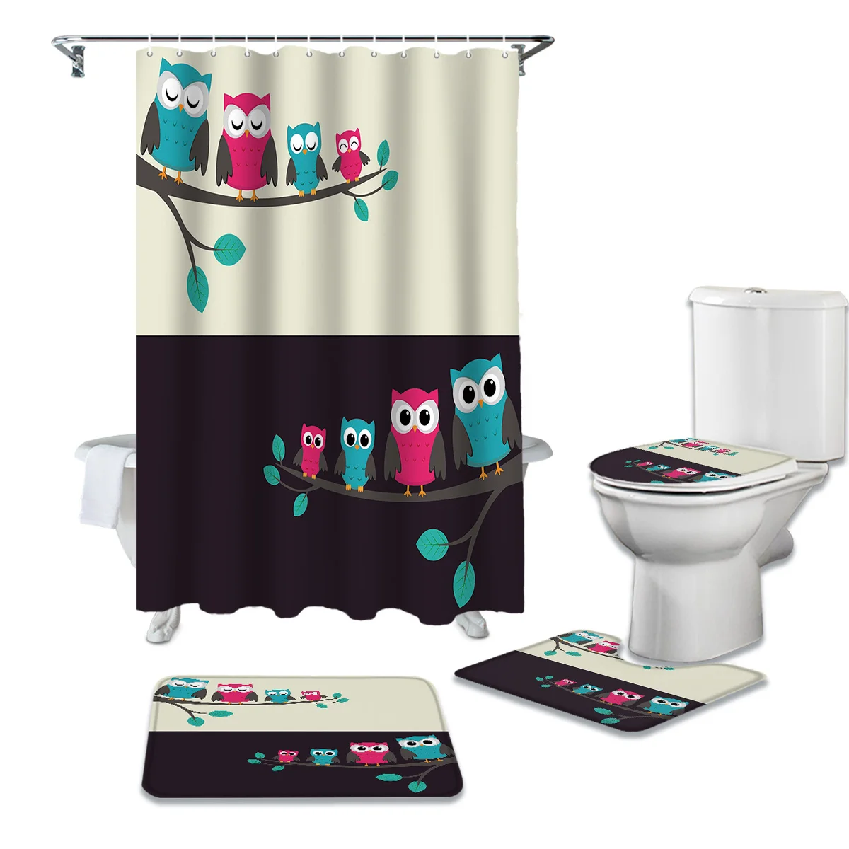 

Cartoon Animals Cute Owl Beautiful Beach Print Shower Curtain Set Carpet Cover Toilet Cover Bathroom Mat Bathroom Household