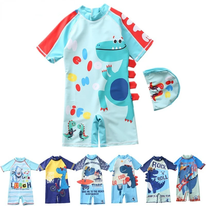 

Children's Swimsuit Boys 2022 Dinosaur UV Baby Bathing Suit Boy Kids One Piece Swimming Suit Toddler Boy Swimsuits with Cap New