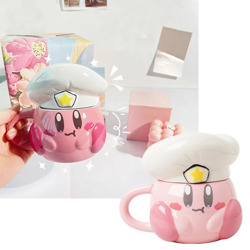 

Новая керамическая чашка Kawaii Star Kirby с крышкой ложки аниме 350 мл Девочки мультфильм Kirby трансформация шеф-повара шляпа кофе завтрак кружка подарки