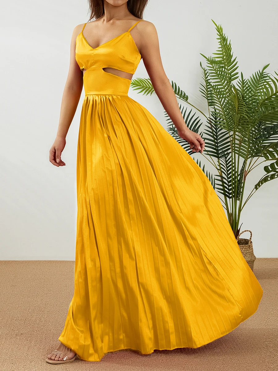 

Women's Summer Solid Color Long Dress Spaghetti Strap Sleeveless Backless Hollow Out V-Neck Pleated Sling Dresses