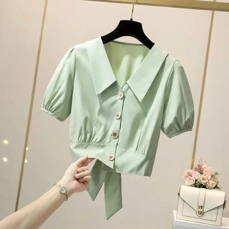 

Short sleeve shirt French sweet short blouse square neck small doll top