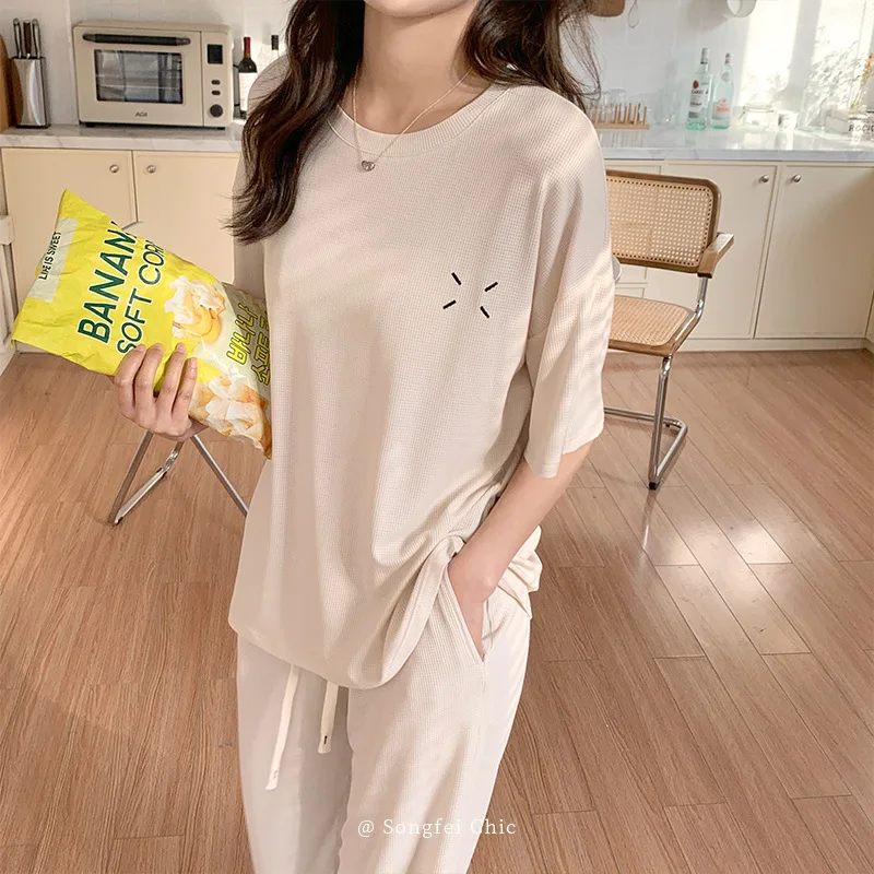 New Home Clothes Women's Pajamas Short Sleeve Modal Soft Continuous Solid Color Embroidery Nightdress Set Pyjamas Women