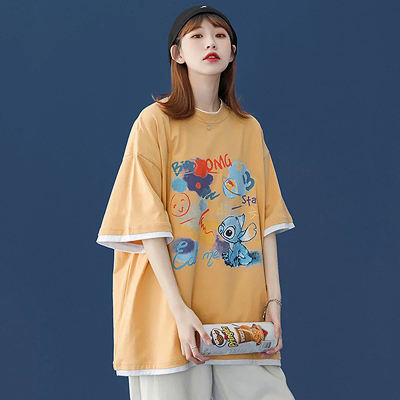 

Футболка женская с коротким рукавом, однотонный Свободный Топ средней длины для девушек, топ с Микки Маусом, большой размер, на лето