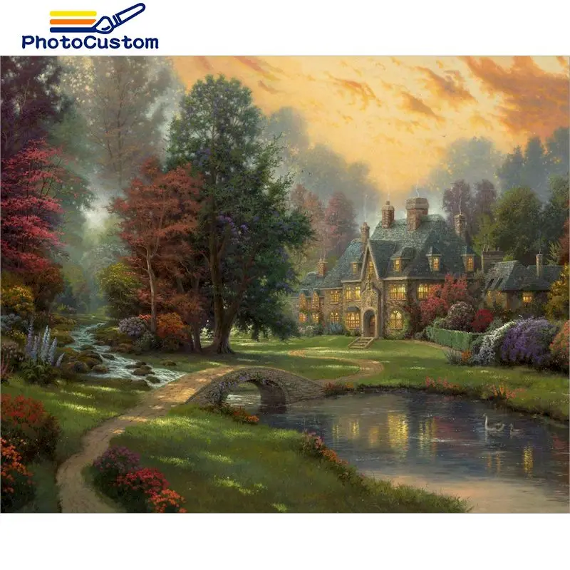 

PhotoCustom Pictures By Number Village House Kits Painting By Number Spring Landscape Drawing On Canvas HandPainted Art Gift