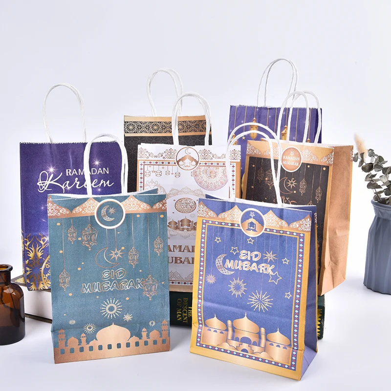 

6Pcs/Set Eid Mubarak Paper Gift Bags Ramadan Favor Bag for Party Supplies Gift Goody Treat Candy Bags Muslim Kraft Decoration