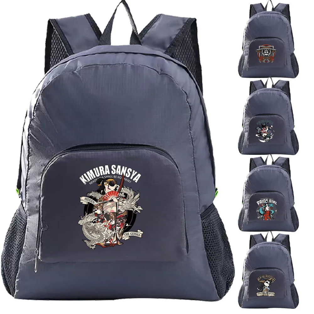 

Foldable Backpack Ultralight Outdoor Sport Bags Cute Samurai Print Camping Hiking Travel Grey Storage Daypack Bag for Women Men