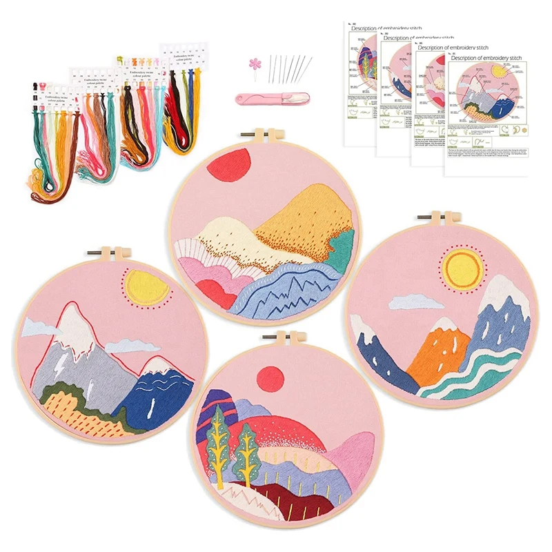 

4Pcs Beginner Embroidery Kit,Natural Landscape Pattern,Cross Stitch Kits, Multicolor Color Threads For Embroidery Kits