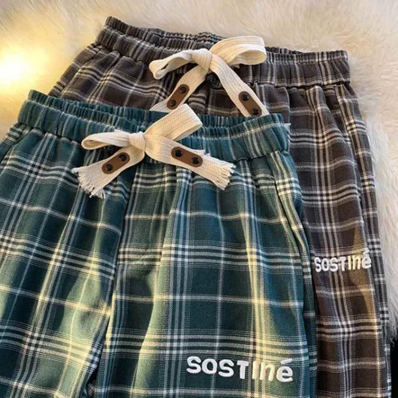 Новые повседневные клетчатые широкие брюки со шнуровкой корейская мода