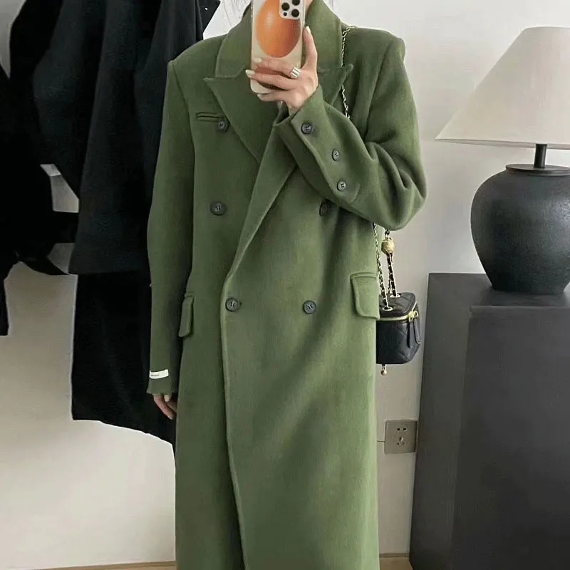 

SuperAen Korean Chic Autumn and Winter Suit Collar Double Breasted Loose Casual Long Sleeve Woolen Coat for Women