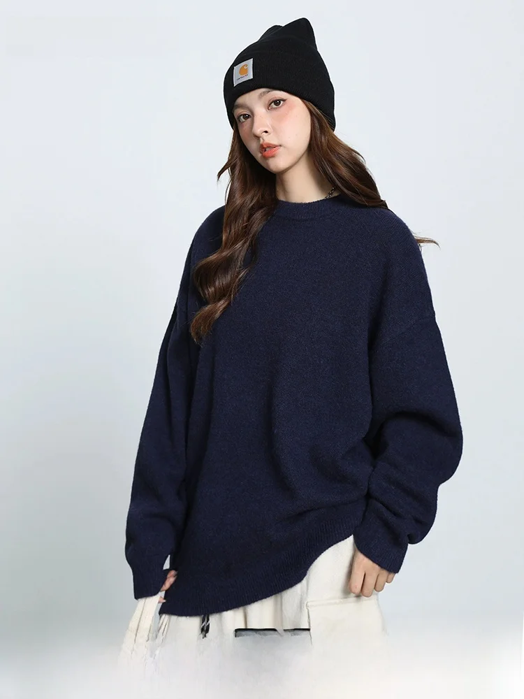 Mlbnice American Solid Round neck sweater Couple Autumn and Winter Loose Idle Sle Casual Base Knit Men