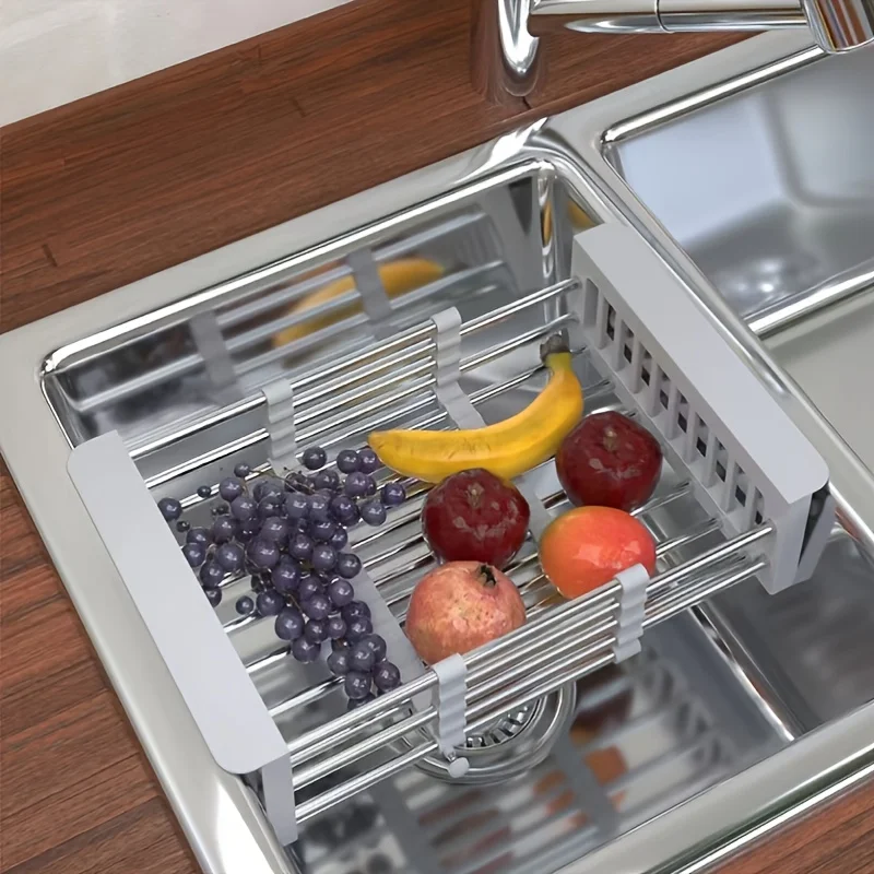 

1pc Kitchen Drain Basket, Retractable Stainless Steel Sink Strainer Drain