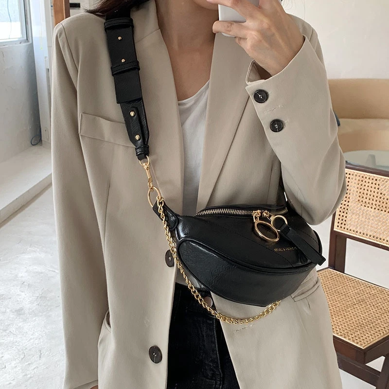 

New Chain Leather Crossbody Bags Women Small Quality Shoulder Messenger Waist Bag Lady Casual Ring Zipper Handbags and Purses