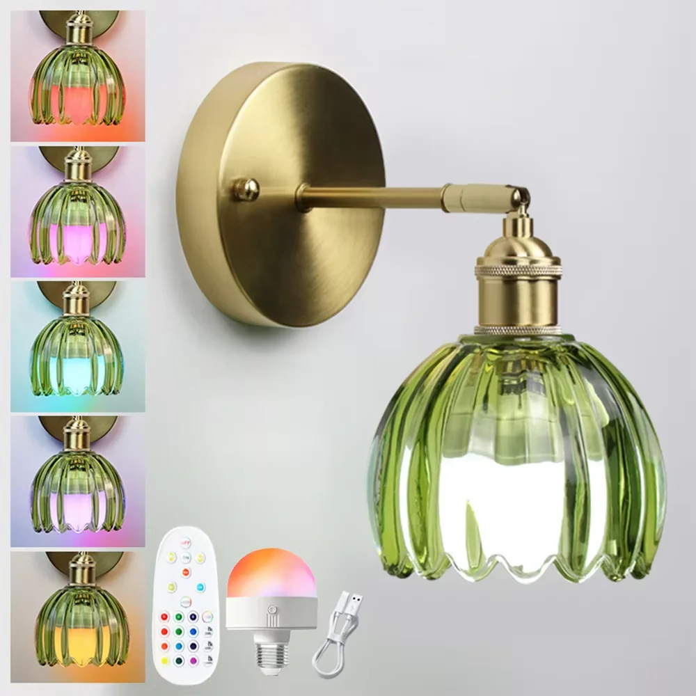 Фото Ретро стеклянный настенный светильник, светодиодная RGB аккумуляторная лампа, беспроводной пульт дистанционного управления, абажур-тюльпан, прикроватное освещение для спальни, кабинета, коридора №2
