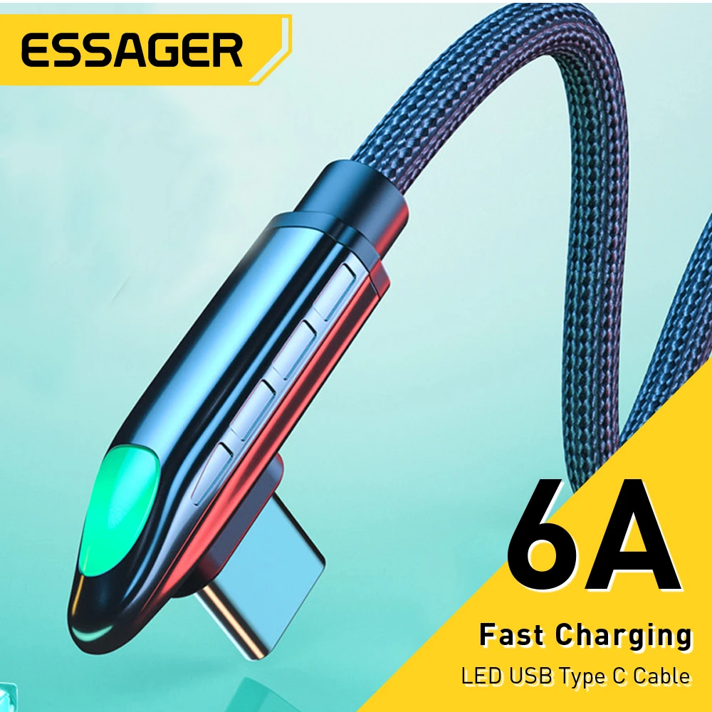 

Essager 6A USB Type C Cable For Huawei Mate 40 Pro Samsung 66W LED Fast Charging USB-C Charger Cable 90 Degree Cable Data Cord