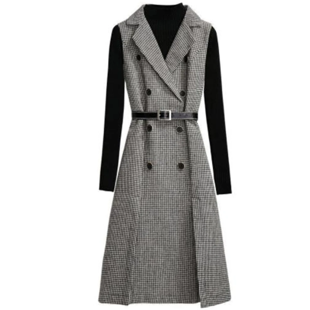 

Spring Long Blazer Vest Blends Women Ol Slim Single Button Plaid Women Suit Vest Fashion Elegant Waistcoat Sleeveless Jacket