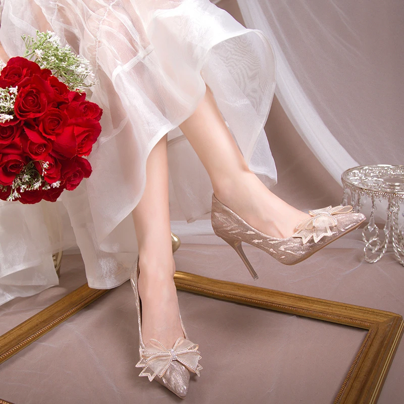 

2023 New Shoes Female Butterfly-knot Women's High Heels Pointed Toe Thin Heels Super High Ladies Pumps Party Heeled Shoes Ladies