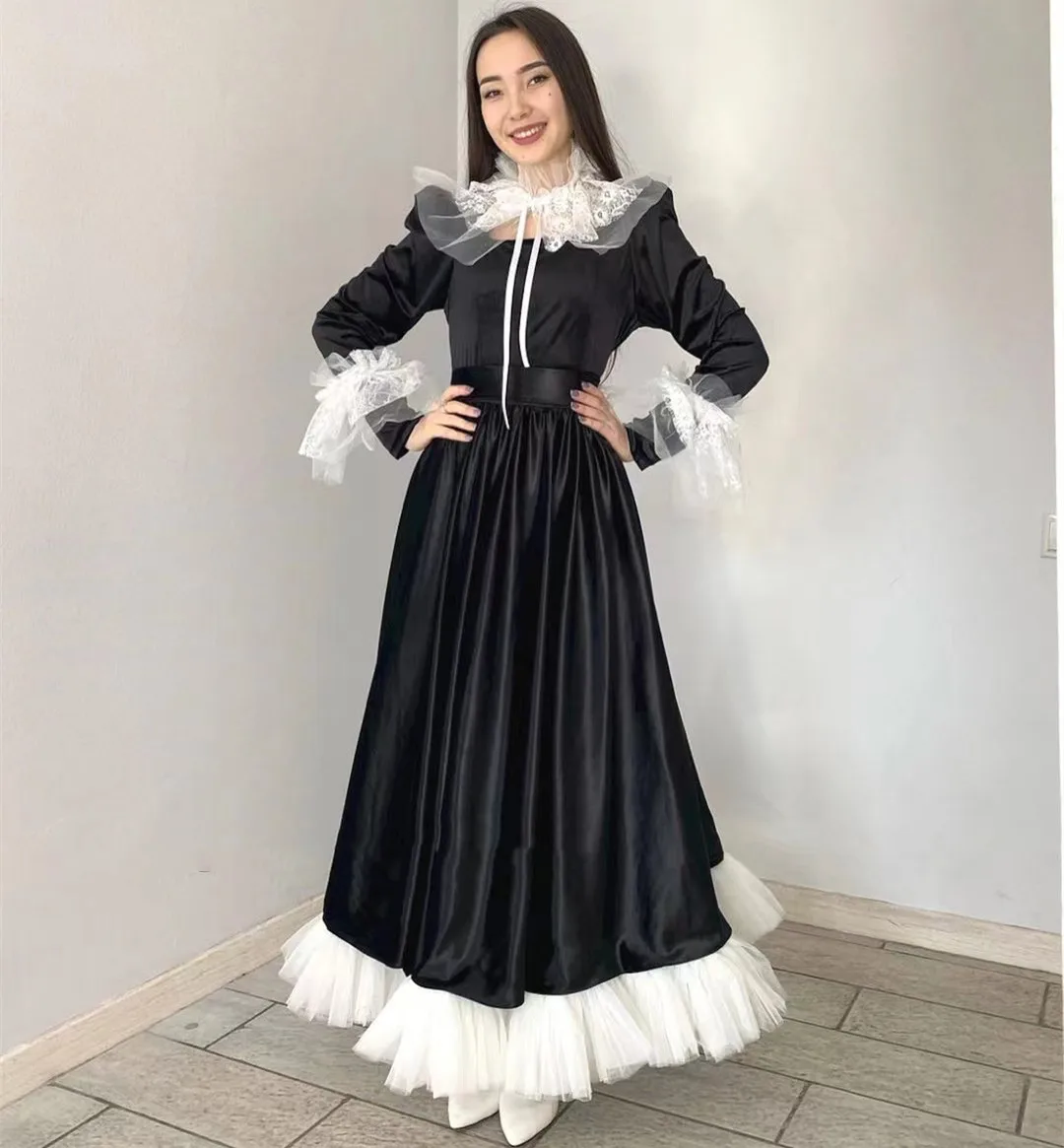 

Black Satin Ruched A Line Prom Dresses Lace High Collar Long Sleeves Formal Occasion Dress for Women Wear Evening Party Gowns