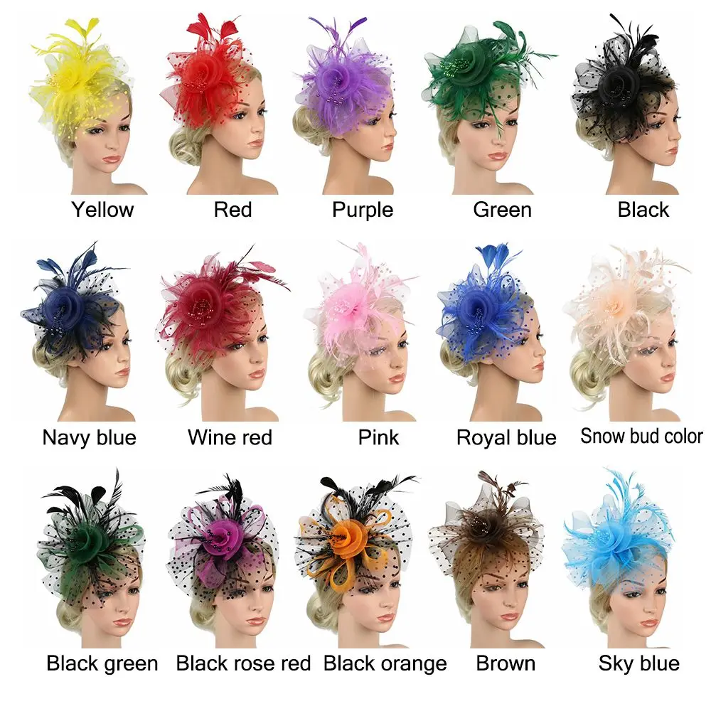 Fascinator Hat for Women Tea Party Headband Wedding Cocktail Mesh Flower Feathers Hair Clip images - 6
