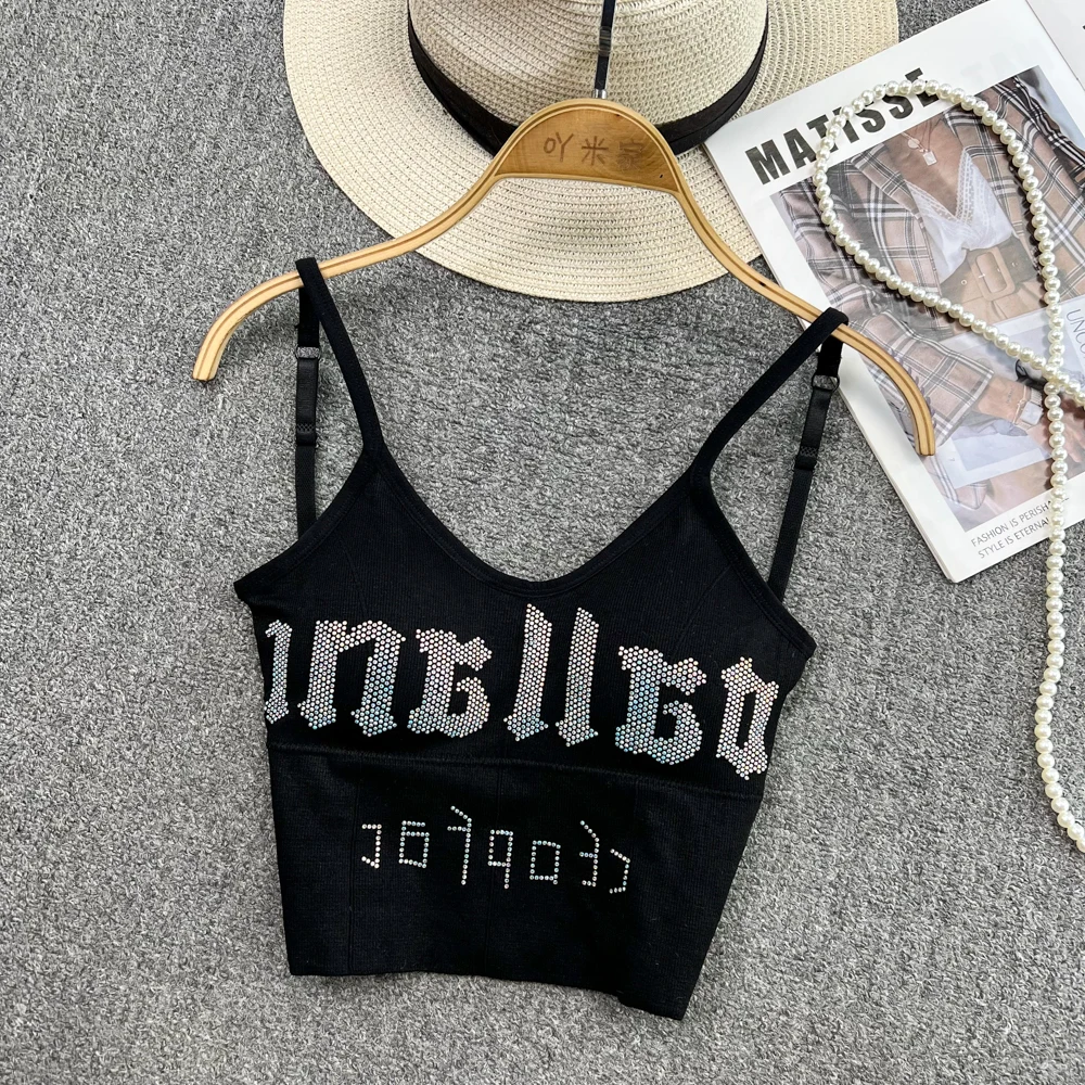 

Women's Letter Diamond Insert Tank Tops Fashion Casual Sporty Backless Tunic With Chest Pad Corset Summer Backless White Camis