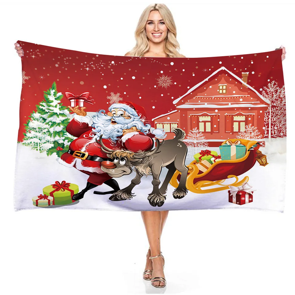 

Быстросохнущее пляжное полотенце Санта-Клаус с надписью "Merry Christmas", полотенце из микрофибры для лица, банное полотенце для плавания и серфин...