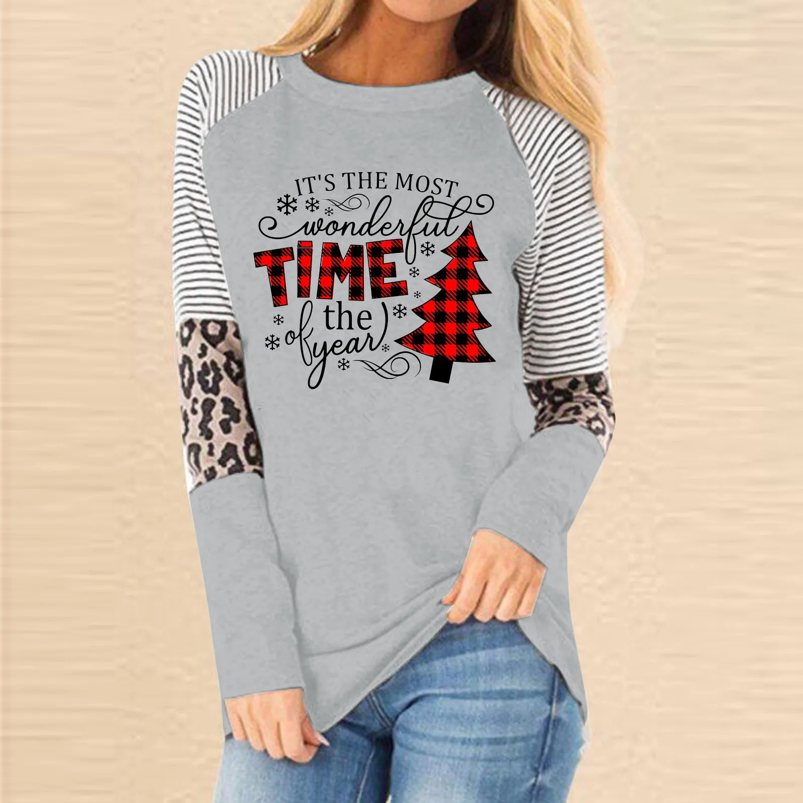 

Womens Christmas Print Long Sleeve Raglan Sleeve Leopard Print Colorblock T Shirt Top Cotton Blend Long Sleeve