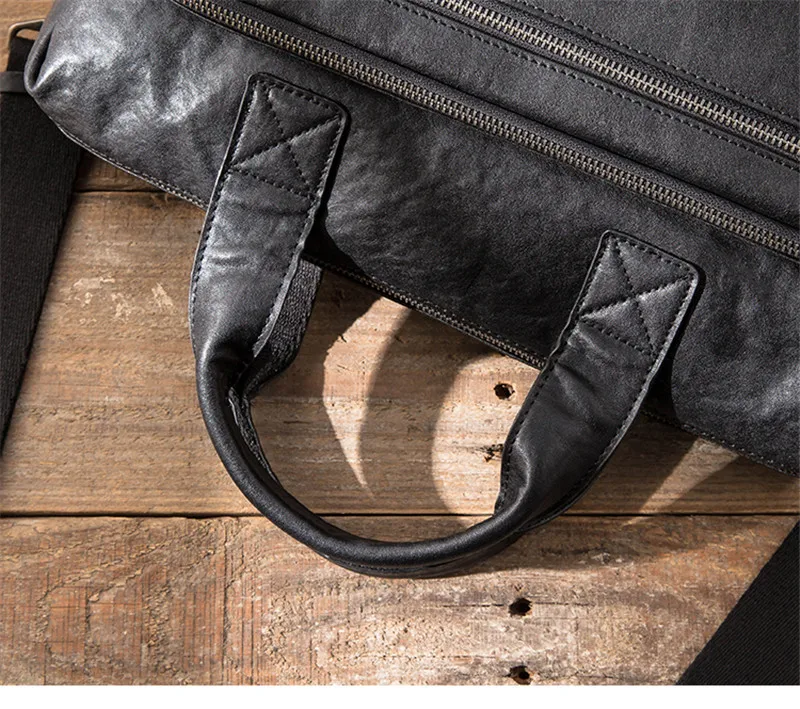 Retro fashion designer natural genuine leather men's black portable business briefcase office laptop ladies messenger bag