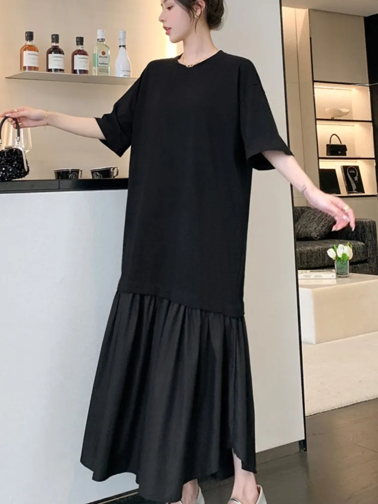 Фото Новое летнее корейское женское платье Vestidos Robe Elbise, свободные однотонные лоскутные длинные платья больших размеров с короткими рукавами и разрезом №3