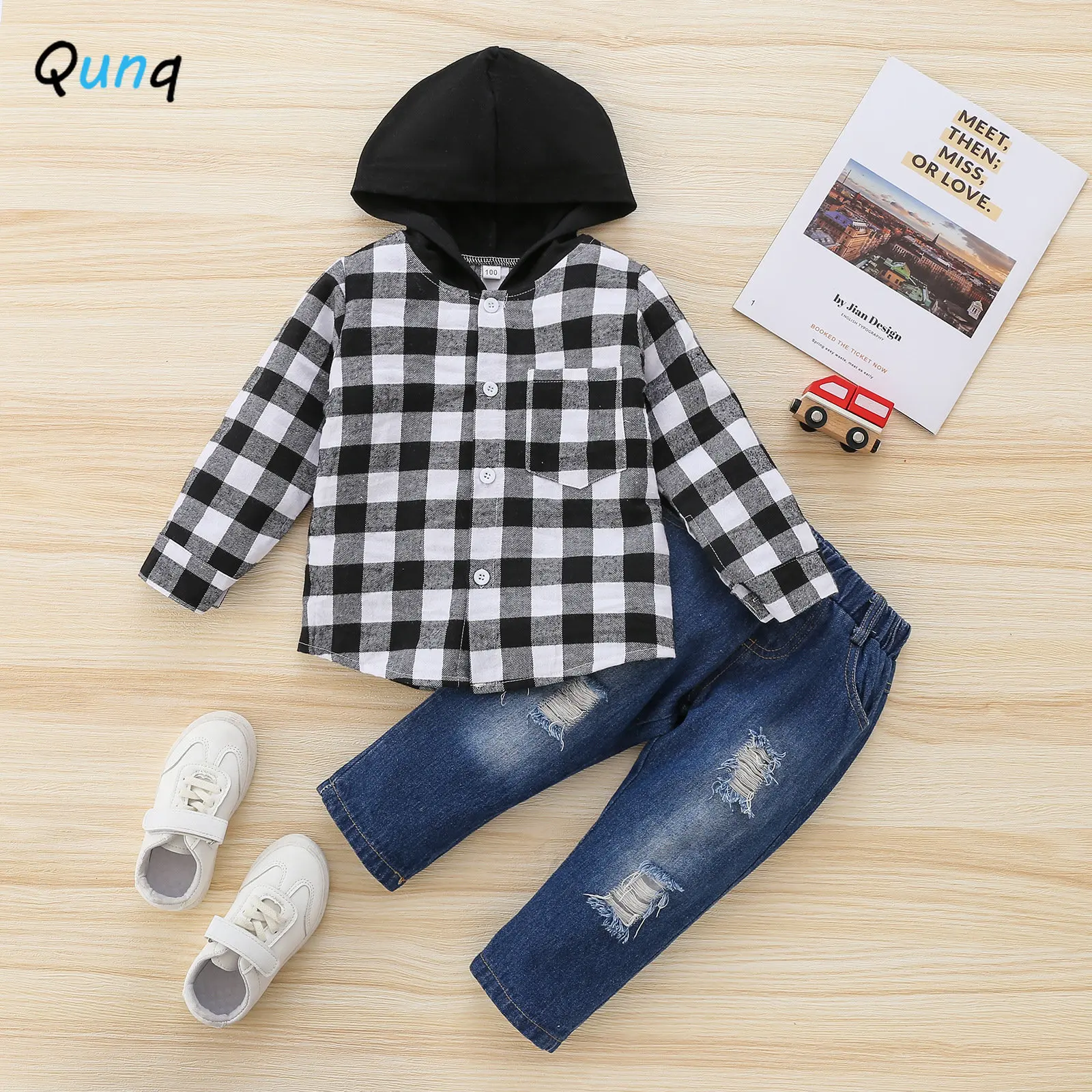 

Qunq Autumn Boys Long Sleeved Fashion Plaid Patchwork Hooded Shirt + Ripped Jeans 2 Pieces Set Casual Kids Clouthes Age 3T-8T