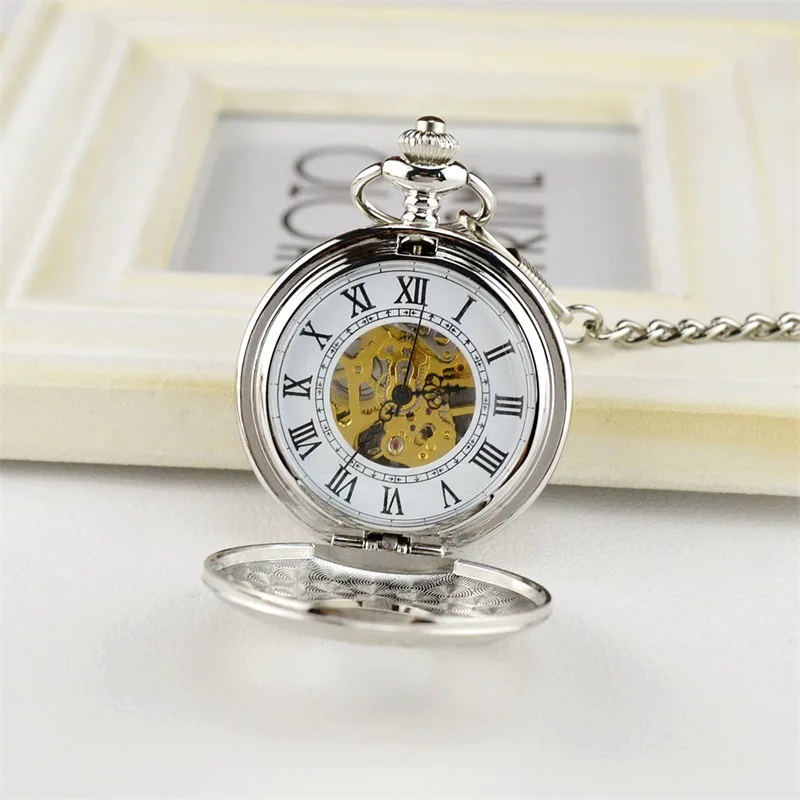 Luxury Mechanical Dual Two SideOpen Pocket Watch for Men Women Skeleton Roman Numeral Fob Chain Pendant Clock for Collection