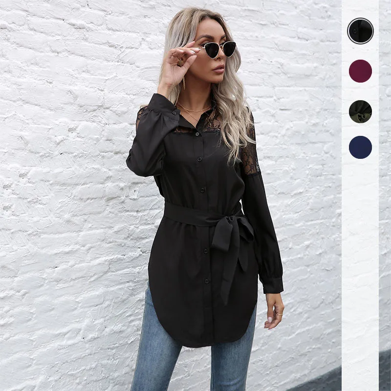 

Solid color women's long round neck, long sleeves, waistband, black patchwork lace shirt