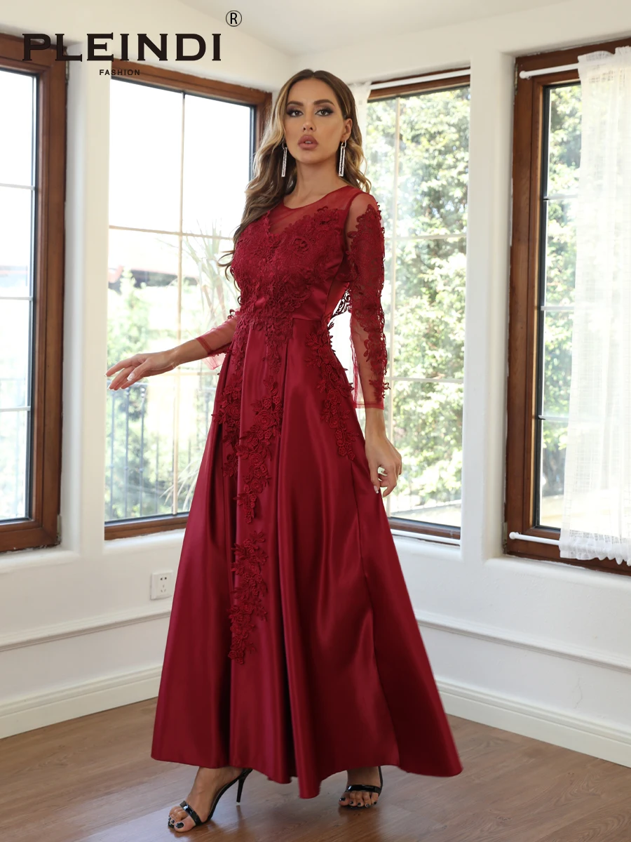 PLEINDI Vintage Party Women Dress Wedding Long Sleeve O-Neck 2022 New Elegant Lace Corduroy Burgundy Red Prom Evening Dresses