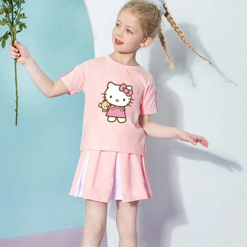 

2023 New Sanrio Hello Kitty Cartoon Cute Girls Summer Childrens Korean Version of The Princess Skirt Little Girl Two-Piece Skirt