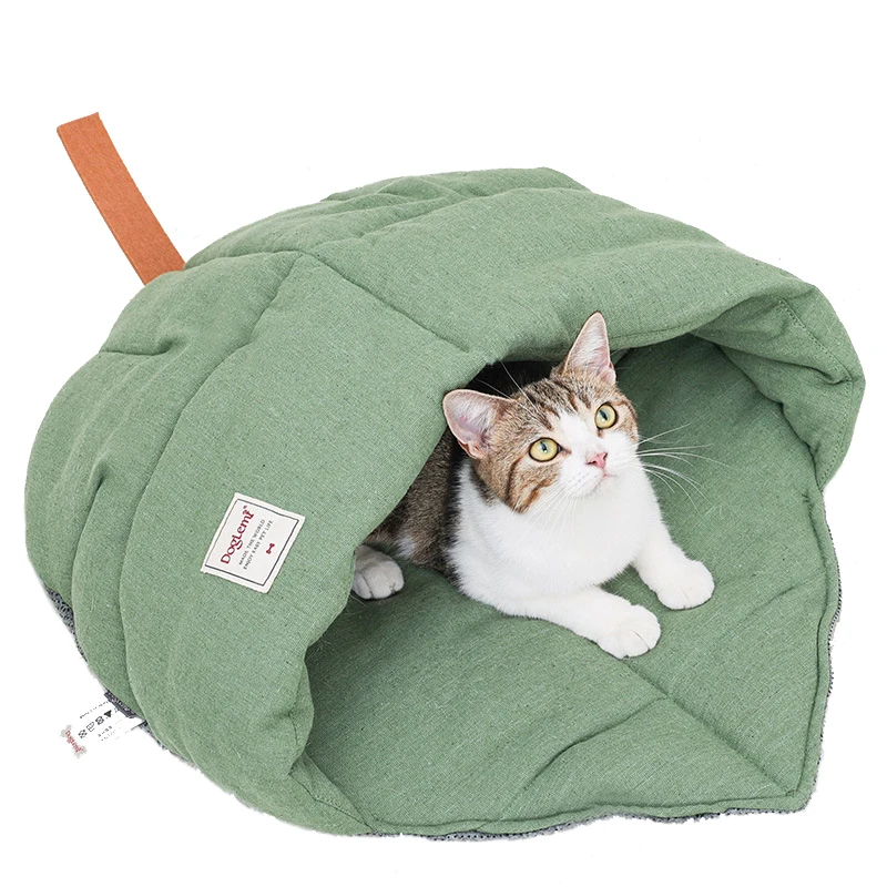 

Cat Sleeping Bag Linen Fabric Cat Bed Cave Leaf Nest Soft Pet Bed with Non-Slip Bottom for Indoor Puppy and Kitten