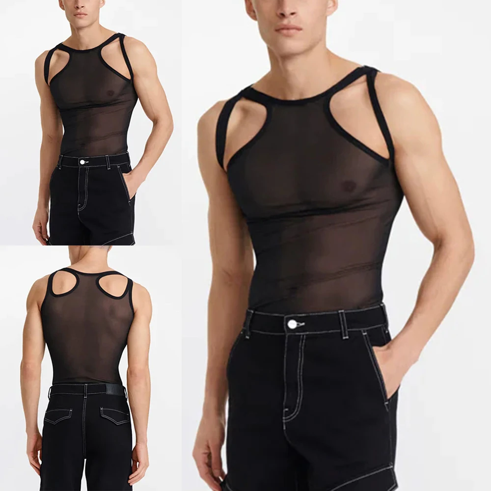 

Mens Sexy Mesh Tank Tops Transparent Eotic Clothing Fishnet Hollow Out Singlet Sleeveless Vest Sheer Slim Fitness Sport Shirts