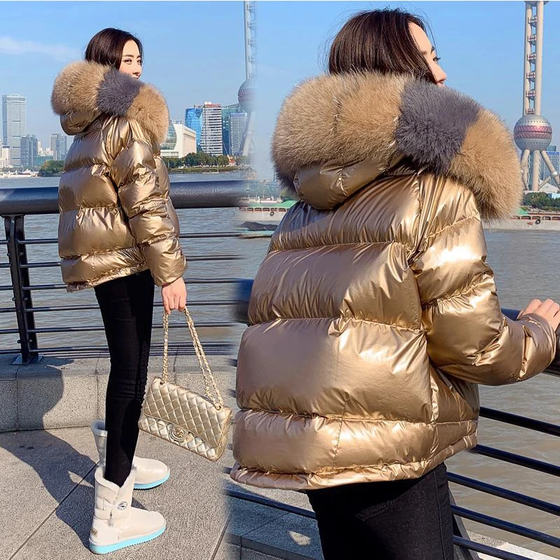 European Fashion Gold Silver Women's Jacket Real Natural Fur Winter Two-sided Wears Down Parkas Female Jacket Winter Hooded Coat