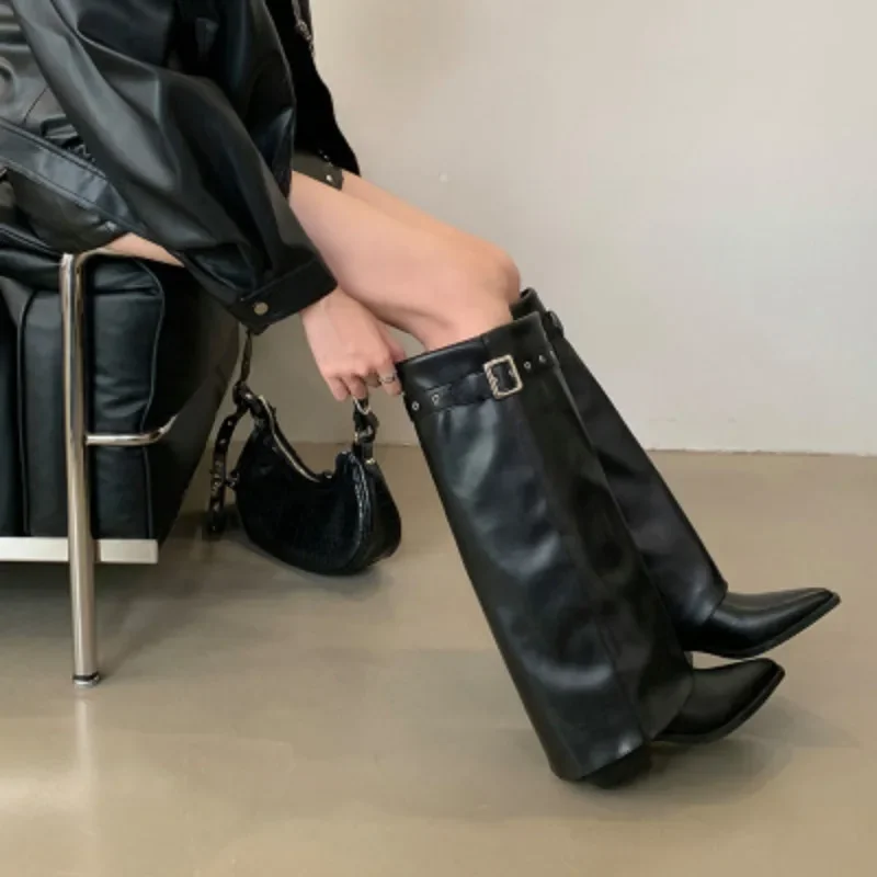 Мягкие брюки из натуральной кожи с разрезом женские сапоги до колена рыцарская